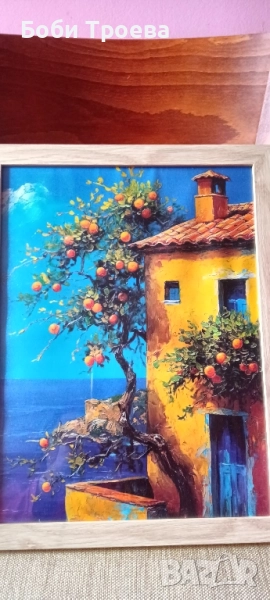 Ретро Модерен Платно Постер, Морска Къща с Портокалово Дърво, снимка 1