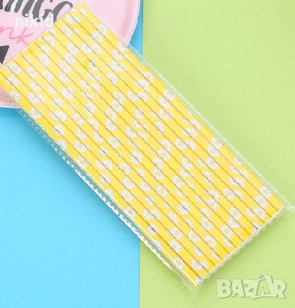 25 бр картонени сламки жълти маргаритки парти украса декорация рожден ден, снимка 1