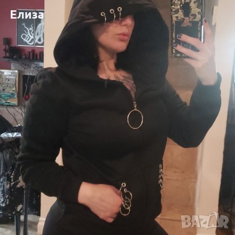 Суитчър с цип с обемиста качулка и метални "пиърсинг" акценти bondage hoodie gothic, снимка 3 - Суичъри - 32804915