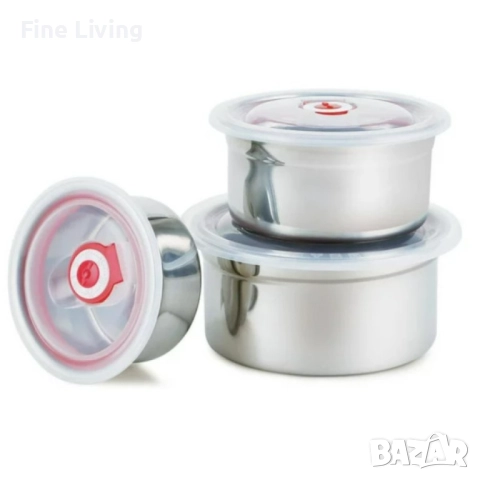 Комплект от три броя кутии за съхранение от неръждаема стомана с пластмасови капаци, снимка 3 - Кутии за храна - 52153427