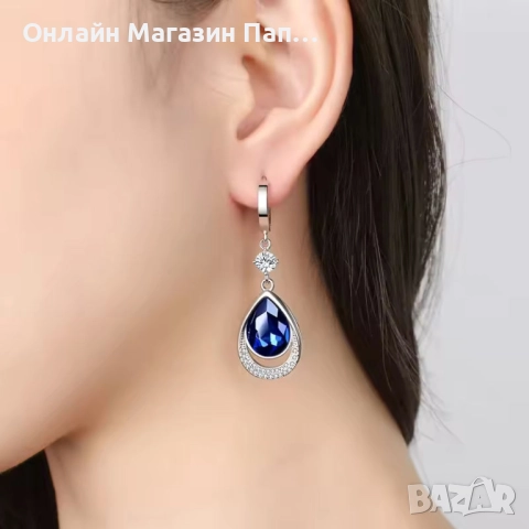 URBABY Сребърни Обеци 925 Капка със Сапфир и Цирконий, снимка 3 - Обеци - 52409824