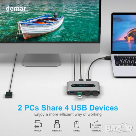 VEDINDUST USB 3.0 превключвател за 2 компютъра споделяне на 4 USB 3.0 устройства, снимка 3 - Кабели и адаптери - 44014504