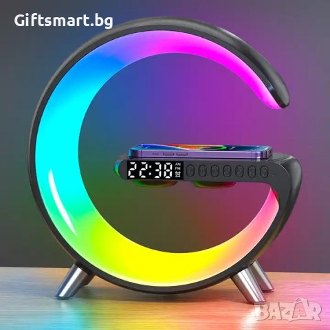 Смарт G лампа с безжично зарядно, блутут колонка, часовник и будилник