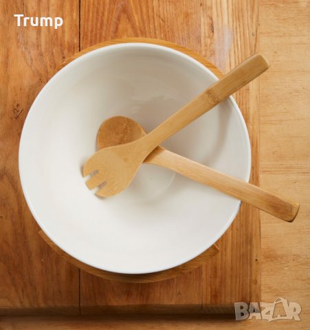 Купа за салата с бамбукови поставка и бамбукови прибори, снимка 3 - Прибори за хранене, готвене и сервиране - 38257852