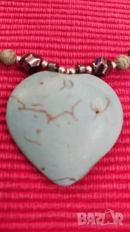 Колие, огърлица, гердан, от магнитен хематит със сърце от тюркуаз. , снимка 4 - Колиета, медальони, синджири - 40804407