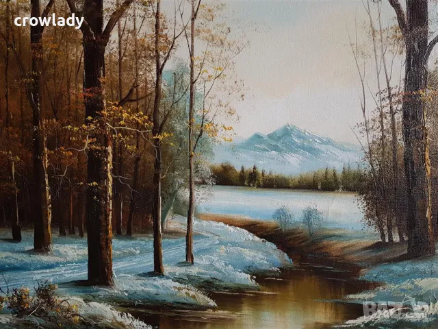 Красива картина Зимен пейзаж от Fellows с маслени бои , снимка 3 - Картини - 47546822