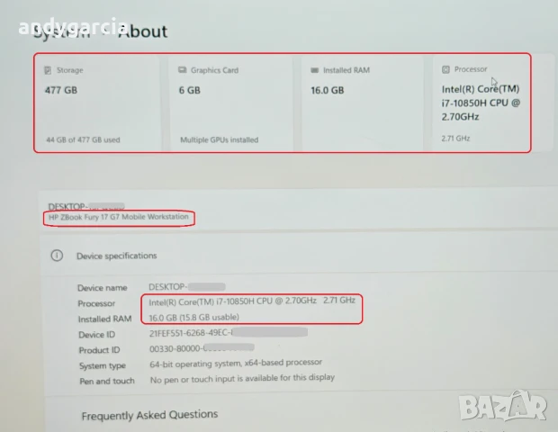 HP ZBook Fury 17 G7/Core i7 10850H/NVidia RTX 3000 6GB/16GB RAM/512GB SSD NVMe/17.3 IPS Full HD, снимка 11 - Лаптопи за работа - 48261878