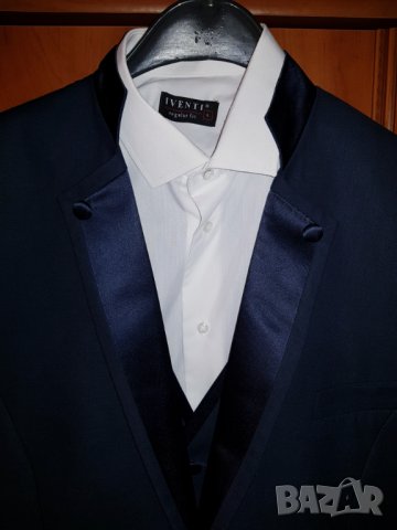 Модерен и стилен син мъжки костюм + елече +  риза + папийонка , снимка 6 - Костюми - 28972947