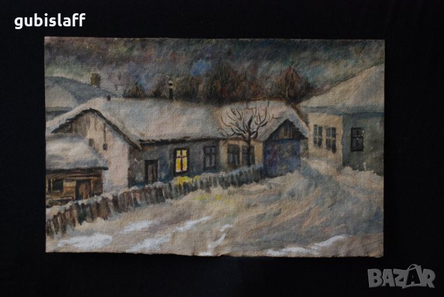 Стара картина, зимен пейзаж, къща, Иван Димитров, 1960-те г., снимка 1 - Картини - 28126744