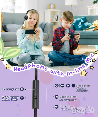 Детски слушалки SMEIWANR регулируеми, сгъваеми, с микрофон, 3,5 mm TRRS/USB C адаптер, тъмно синьо, снимка 5 - Други - 44913912