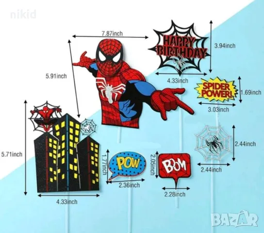 сет Спайдърмен табели паяжина сгради паяк картонени топери украса декор торта, снимка 3 - Други - 49997636