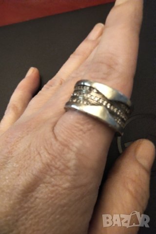 Оригинален  Bvlgari масивно сребро три реда цирконий , снимка 3 - Пръстени - 34853258