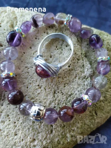 Комплект Гривна от естествени кристали и пръстен, снимка 3 - Гривни - 47622272