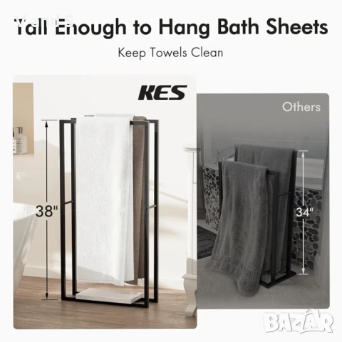 KES Стояща закачалка за кърпи за баня с тежка мраморна основа, 38" височина, 2 нива, свободно стояща, снимка 3 - Сушилници - 50701276