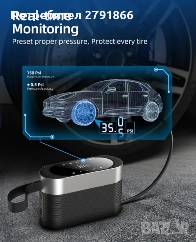 Преносим въздушен компресор за помпане на гуми 12v DC- 150PSI, снимка 2 - Аксесоари и консумативи - 48264818