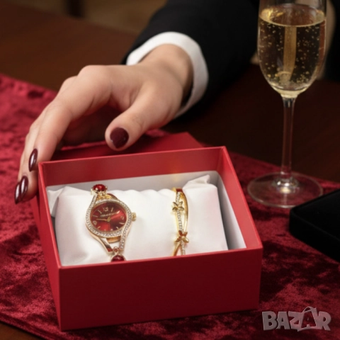 Луксозен дамски сет: часовник с кристали + гривна – в подаръчна опаковка, снимка 4 - Бижутерийни комплекти - 51947506
