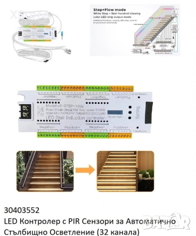 Интелигентен LED контролер със сензор за движение за стълби, 32 канала, 12/24V, снимка 6 - Друга електроника - 52568639