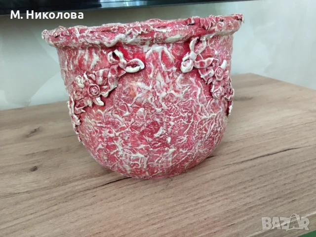 Ръчно декорирана керамична кашпа в стил "винтидж", снимка 4 - Декорация за дома - 50762298