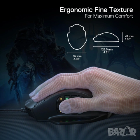 Геймърска мишка Redragon M908 IMPACT RGB LED MMO с лазерен кабел, 12 400 DPI, снимка 8 - Клавиатури и мишки - 53542068