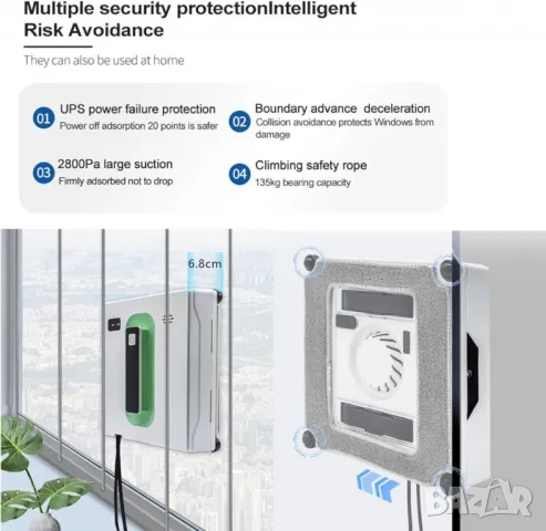 Робот за почистване на прозорци Voltz, 72W, всумак. мощност-2500Ра, Wi-Fi, 2 дюзи, контейнер 40мл, снимка 2 - Други стоки за дома - 50100161