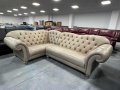 Бежов кожен ъглов диван и табуретка тип Честърфилд, снимка 3