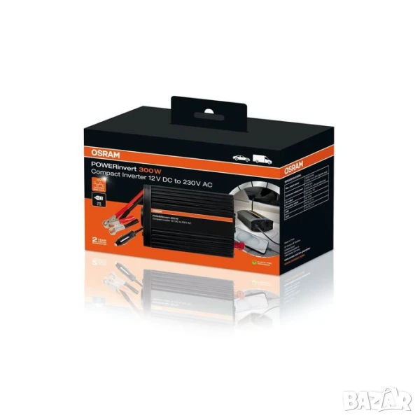 Монофазен токов инвертор Osram POWERinvert 300 12V DC към 230V AC, 300W, 2.1A USB, с един контакт, снимка 1