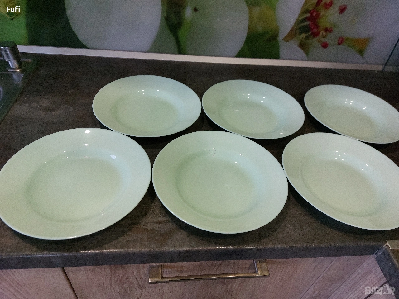 11 евро, за 6 броя нови чинии, марка Luminarc, дълбоки, 22 см диаметър, светло зелени , снимка 1