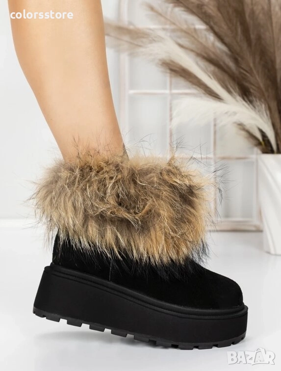 Боти на платформа - черен ЕСТЕСТВЕН велур с бежов ЕСТЕСТВЕН косъм - 3ASJN73 , снимка 1
