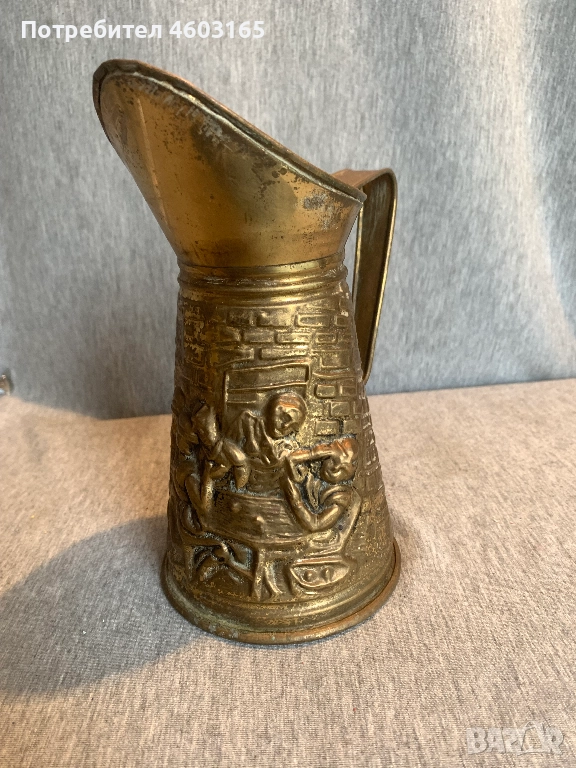   антична месингова кана гравиран дизайн  кръчма, снимка 1