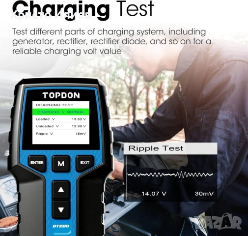 Професионален Тестер за автомобилни акумулатори 12V 24V тестер натоварване TOPDON BT200 Диагностика, снимка 4 - Аксесоари и консумативи - 51377620