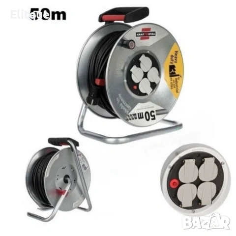 Електрически удължител с макара KraftRoyal 50m — здрава поцинкована конструкция, 4 гнезда , снимка 5 - Друга електроника - 53357971