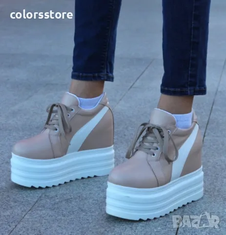 Кецове на платформа - бежови с бяла лента - SJN56