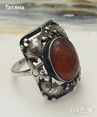 Рядък винтидж сребърен пръстен с кехлибар, Georg Kramer, 835, Fischland 