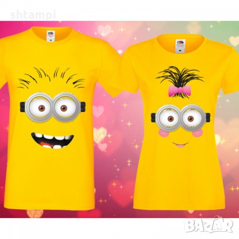 Комплект тениски за двойки Minions boy and girl face Миньони, снимка 1 - Тениски - 33016515