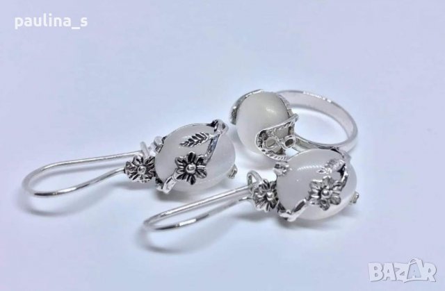 Сребърен комплект с бяло котешко око / проба 925 , снимка 3 - Бижутерийни комплекти - 36781984