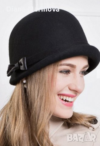 Елегантна дамска черна зимна шапка, ретро стил, 100% вълна, федора, снимка 5 - Шапки - 39551365