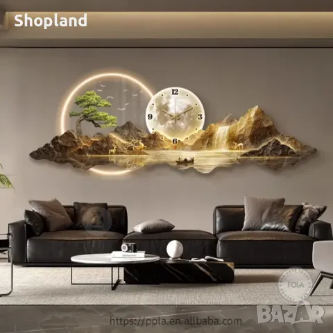 Модерна пейзажна кристална картина с LED осветление и стенен часовник, снимка 2 - Стенни часовници - 48673736