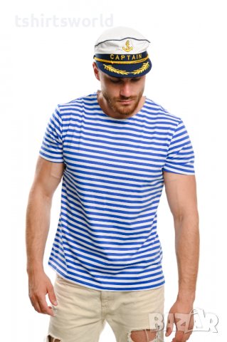 Нов мъжки моряшки комплект: моряшка класическа тениска без бие и капитанска шапка, снимка 4 - Тениски - 37662389
