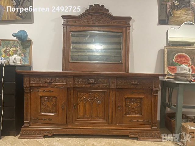 Огледало и шкаф антикварно,масив дьб Дърворезба 