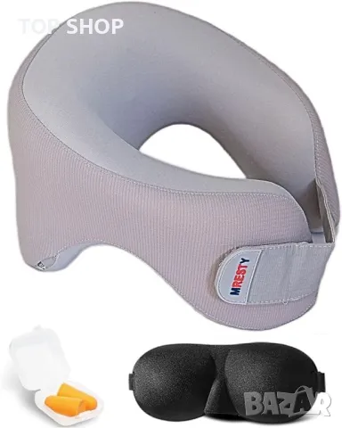 MRESTY възглавница за врат за пътуване от мемори пяна, дишаща калъфка, с маска за очи и тапи за уши