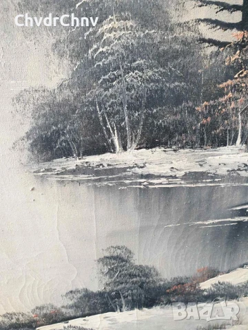 132х102см/стара голяма картина масло върху платно/зимен пейзаж/къща-езеро-планина/дървена рамка, снимка 10 - Картини - 50727685