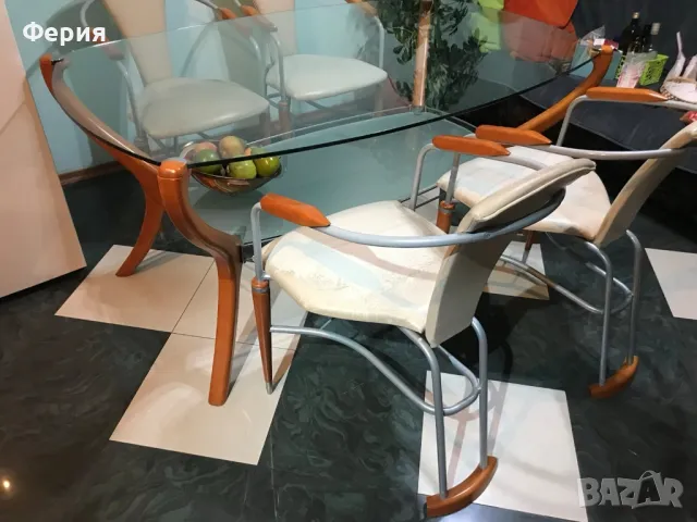 стъклена маса с масивни дървени елементи и метал+8 стола, снимка 11 - Маси - 49053616