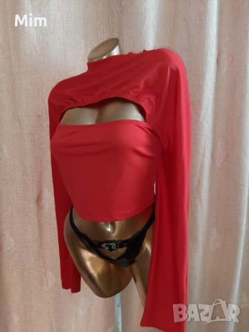 XXL Червена къса блуза / топ/ с дълъг ръкав , снимка 3 - Корсети, бюстиета, топове - 40004288
