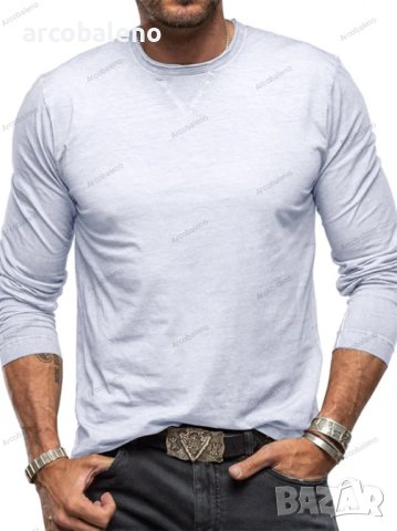 Мъжка едноцветна памучна тениска с кръгло деколте и дълъг ръкав, 6цвята, снимка 3 - Тениски - 43507038