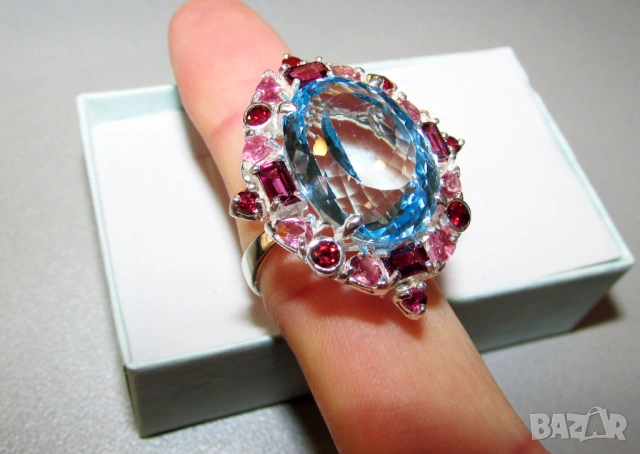 Сребърен пръстен с натурален син топаз 37 карата, снимка 5 - Пръстени - 53498060