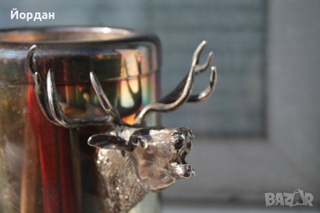 Съд с ловни мотиви Месинг/Посребрен с порцелан , снимка 4 - Антикварни и старинни предмети - 37388723