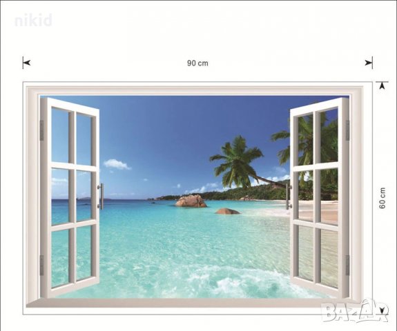 Плаж през прозорец стикер лепенка за стена самозалепващ, снимка 2 - Други - 26428708