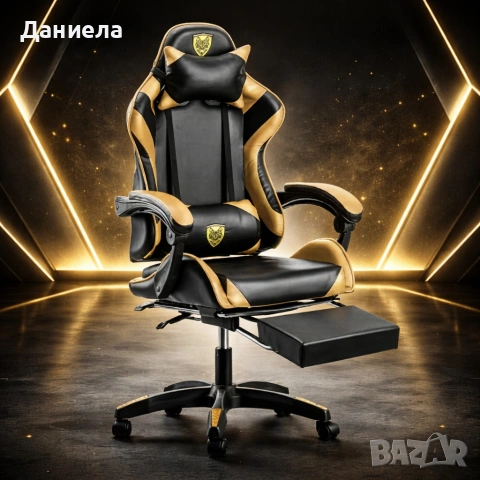 Черен геймърски стол с златисти акценти и разтегляема поставка за крака, снимка 2 - Столове - 53237830