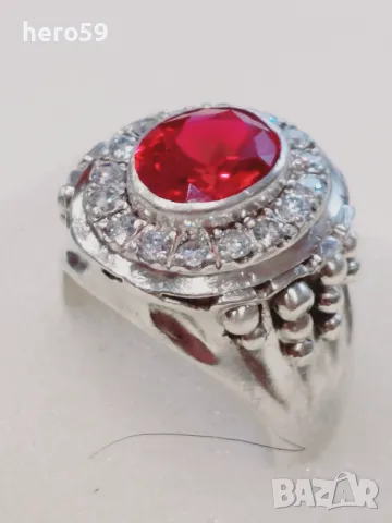 Огромен мъжки сребърен пръстен с рубин и циркони(фараон), снимка 5 - Пръстени - 48462715