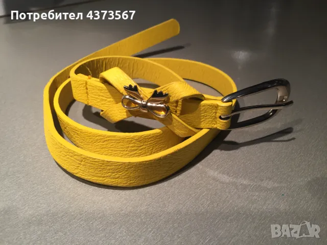 Жълт дамски колан от естествена кожа със златиста тока и златиста гайка с панделка , снимка 1